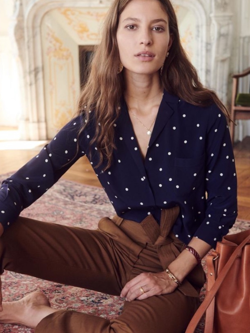 Sezane Florence Shirt Navy Polka Dot Button-Front Blouse
